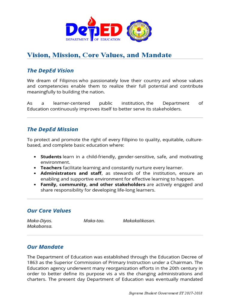 Vision, Mission, Core Values, and Mandate | PDF