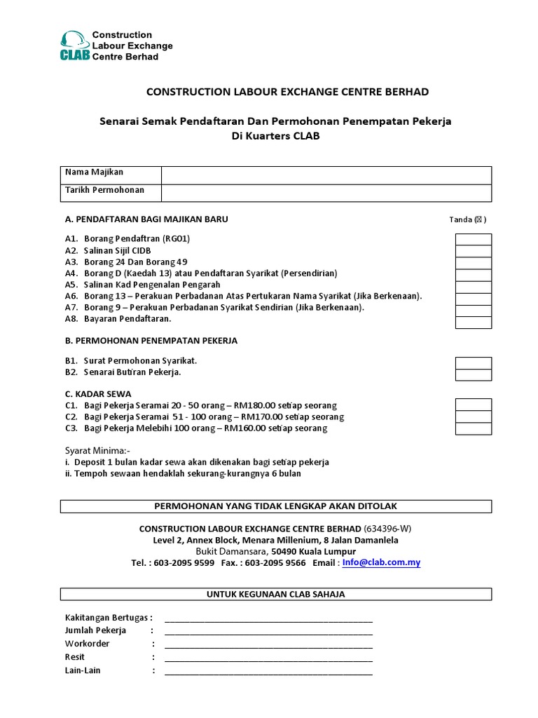 Construction Labour Exchange Centre Berhad Senarai Semak Pendaftaran Dan Permohonan Penempatan Pekerja Di Kuarters Clab Pdf