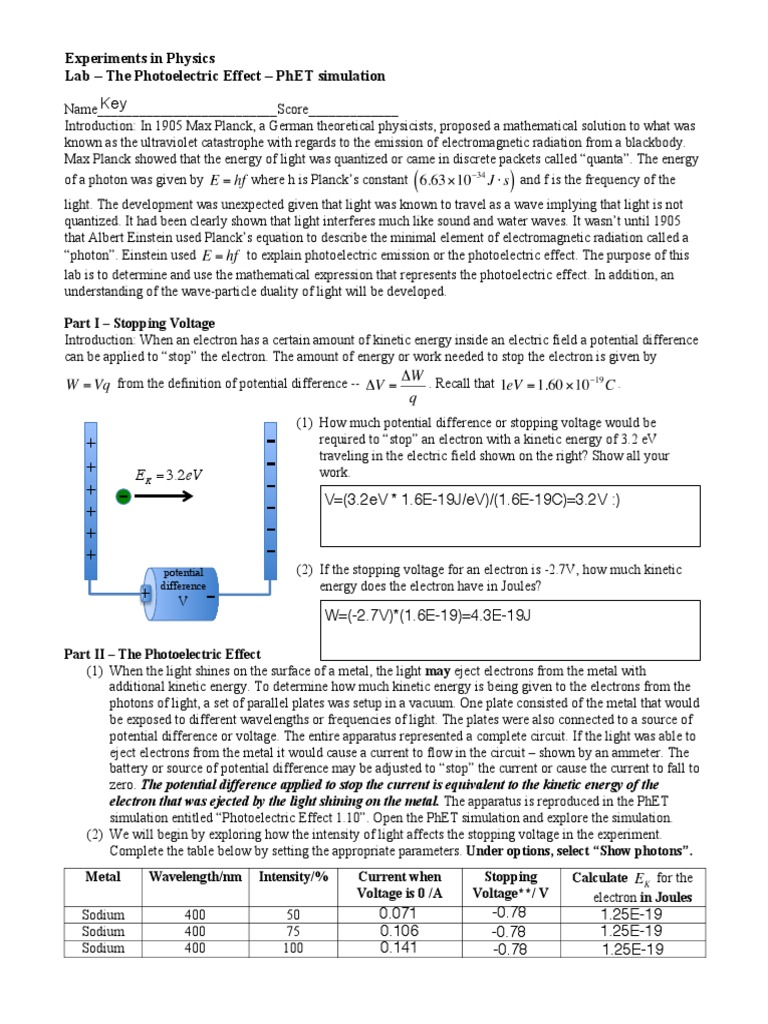 Lab Photoelectric Effect PhET Simulation Key PDF Photoelectric