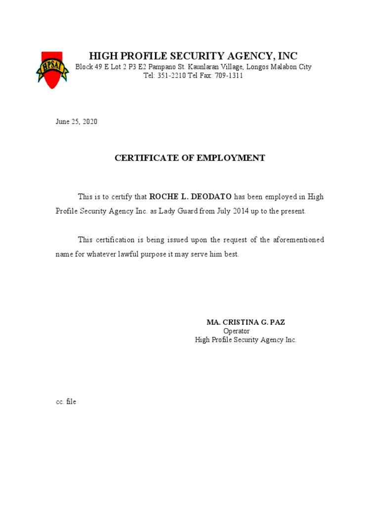 Certificate of Employment for Lady Guard | PDF