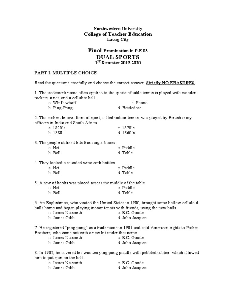 P.E. Exam: Dual Sports - Table Tennis | PDF | Table Tennis | Sports ...