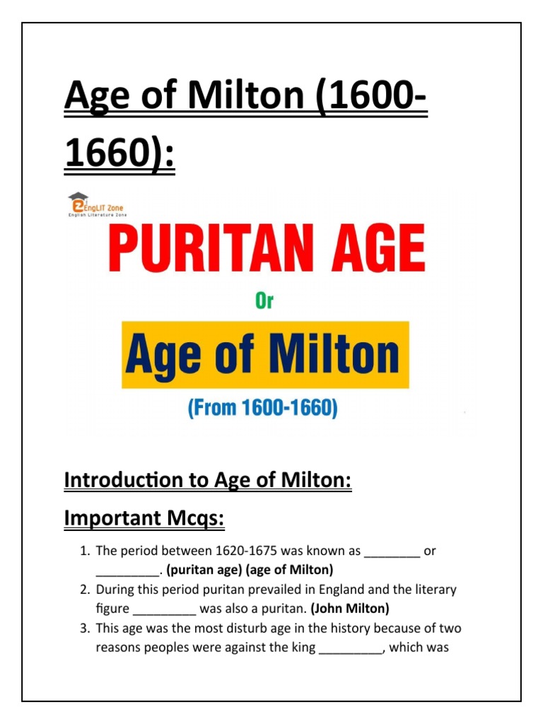 Introduction To Age of Milton: Important Mcqs | Download Free PDF ...