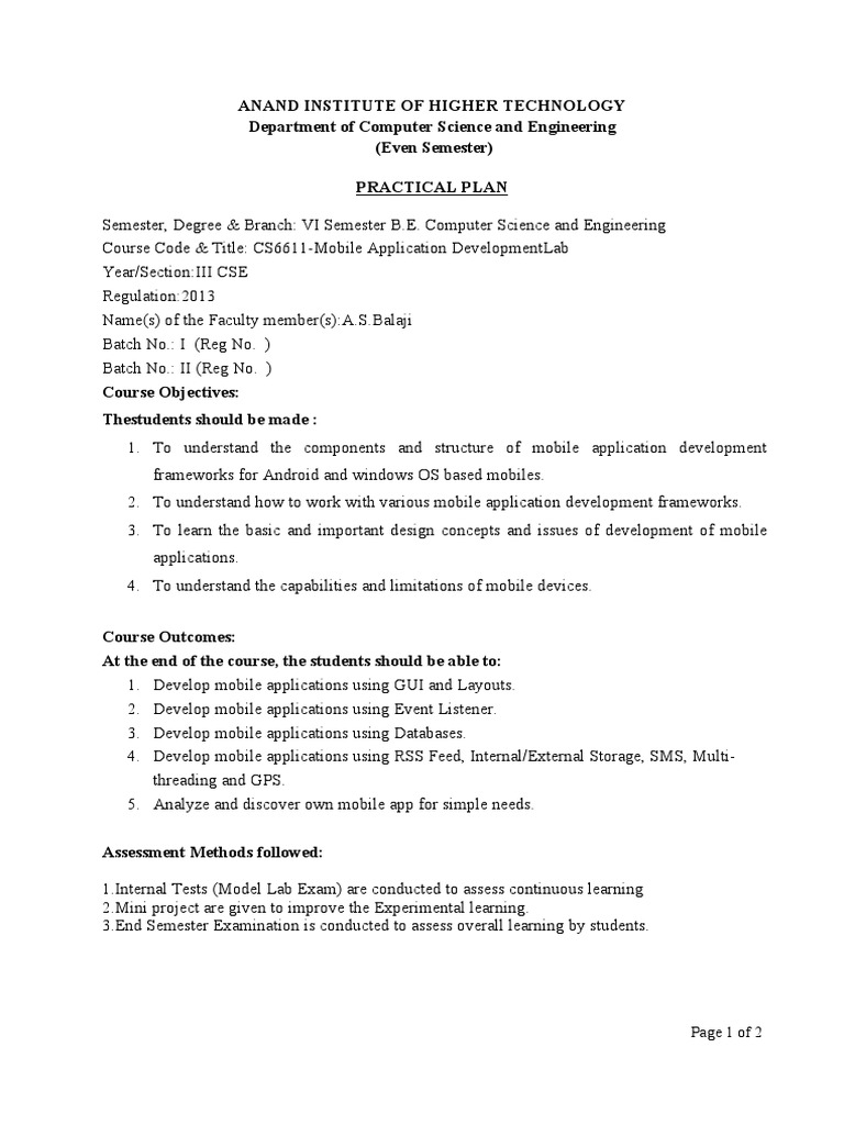 Mobile App Development Lab Plan | PDF | Mobile App | Application Software