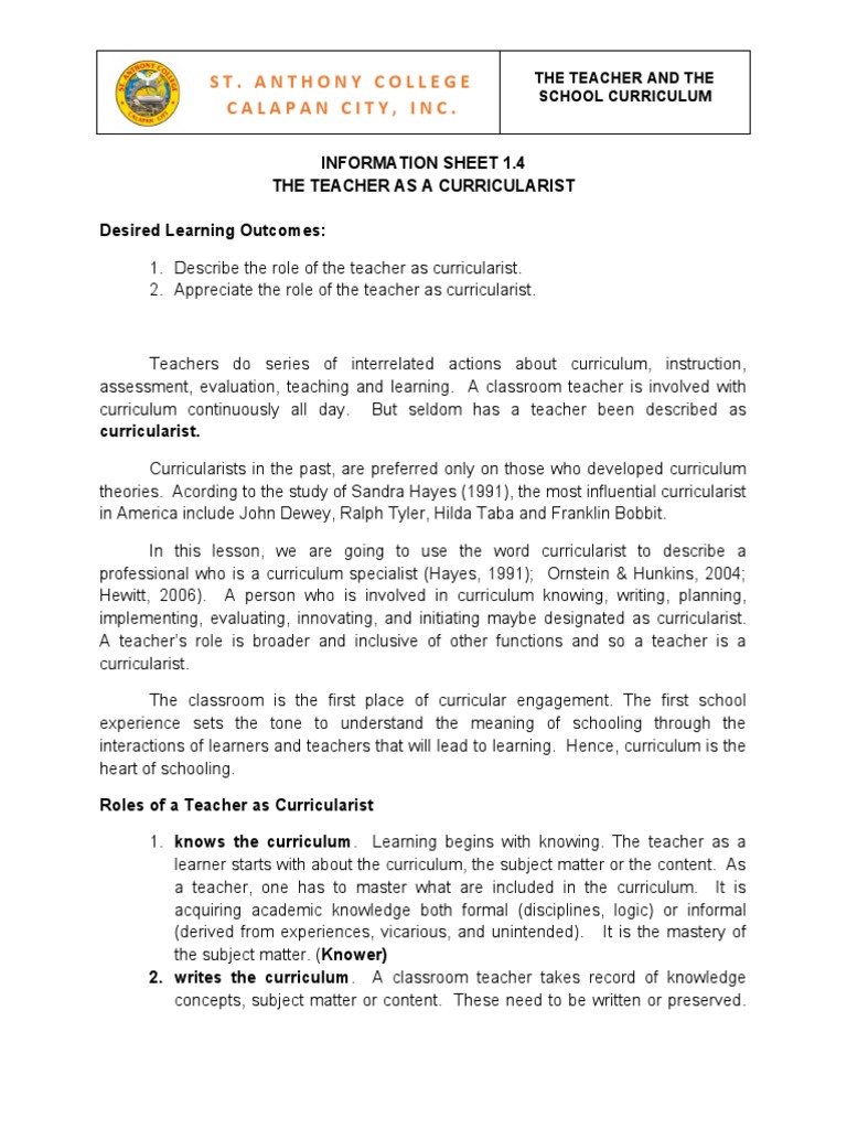 Information Sheet 1.4 | PDF | Curriculum | Teachers