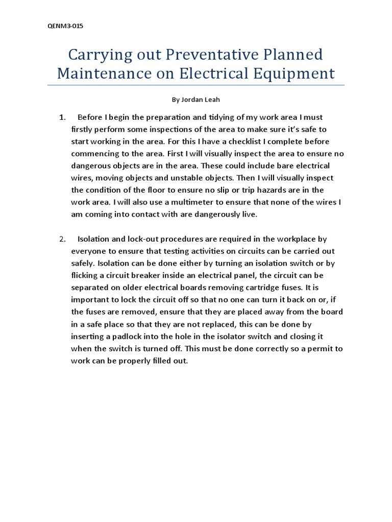 Preventative Maintenance of Electrical Equipment Procedures, Safety