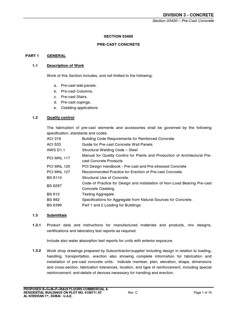 Pre-Cast Concrete Specifications for Dubai | PDF | Precast Concrete ...