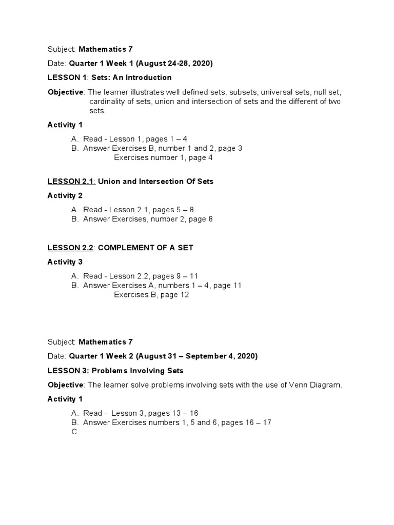 Grade 7 Activity Sheet For MCL | PDF | Set (Mathematics) | Numbers