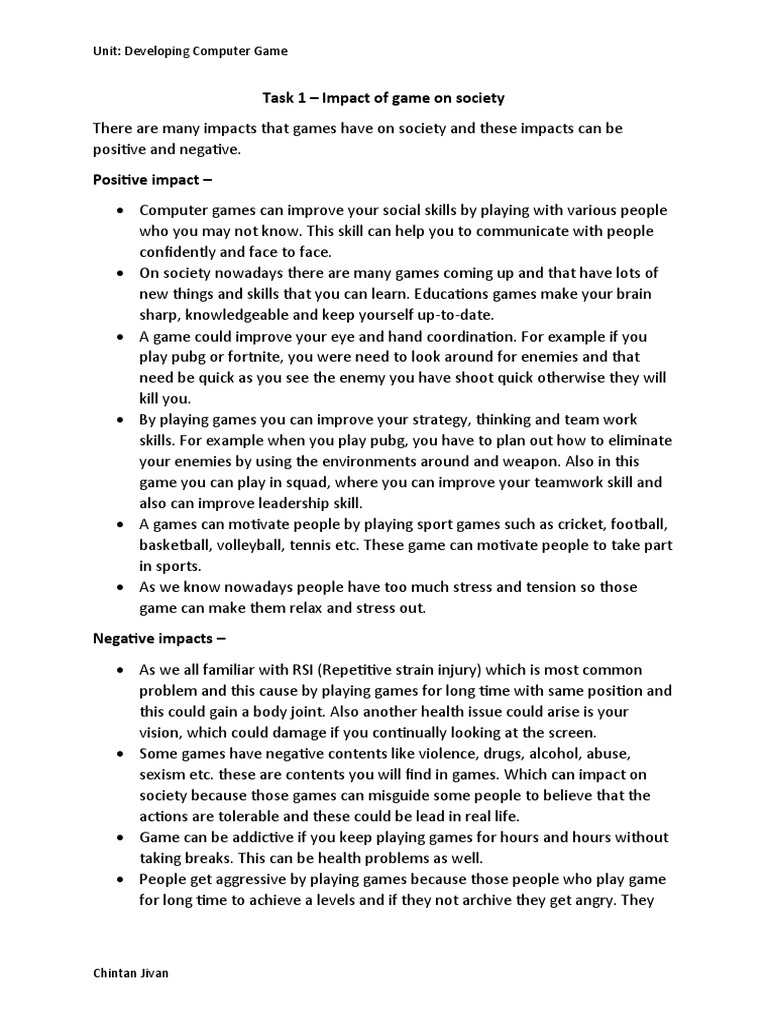 Task 1 Impact of Game On Society PDF Video Games Behavioural