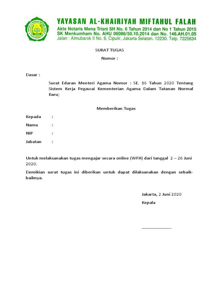 Contoh Surat Tugas Wfh Guru Bulan Juni