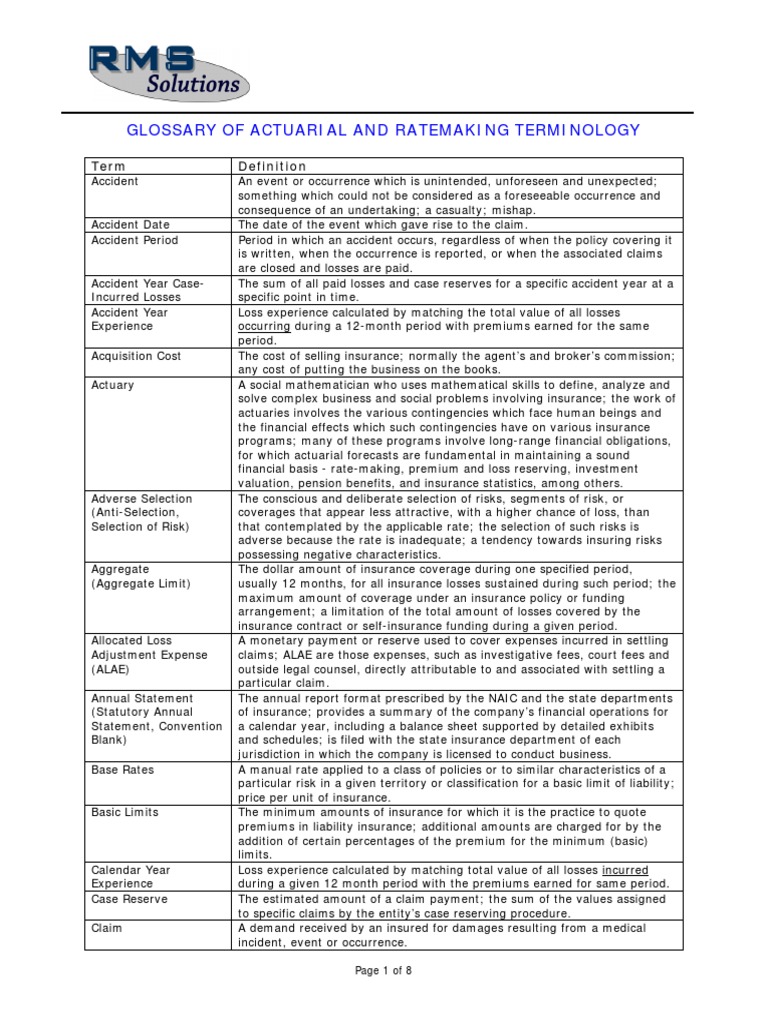 Actuarial Terminology Glossary | PDF | Liability Insurance | Insurance
