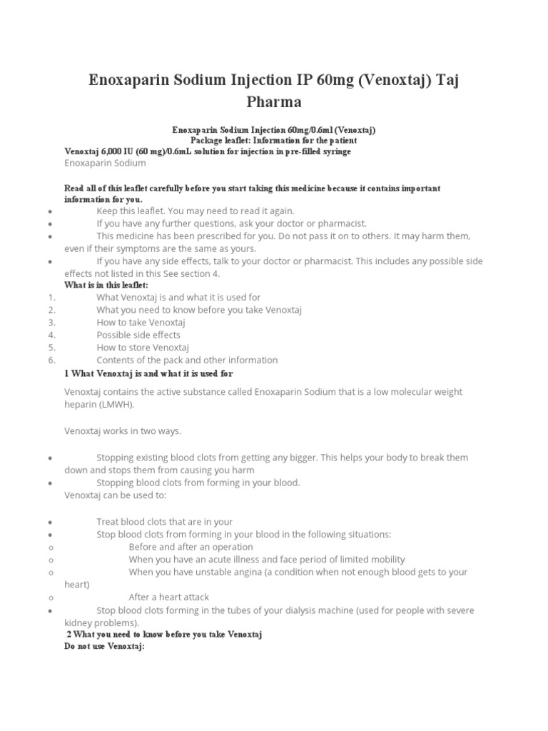 Enoxaparin Sodium Injection 60mg Guide | PDF | Myocardial Infarction ...
