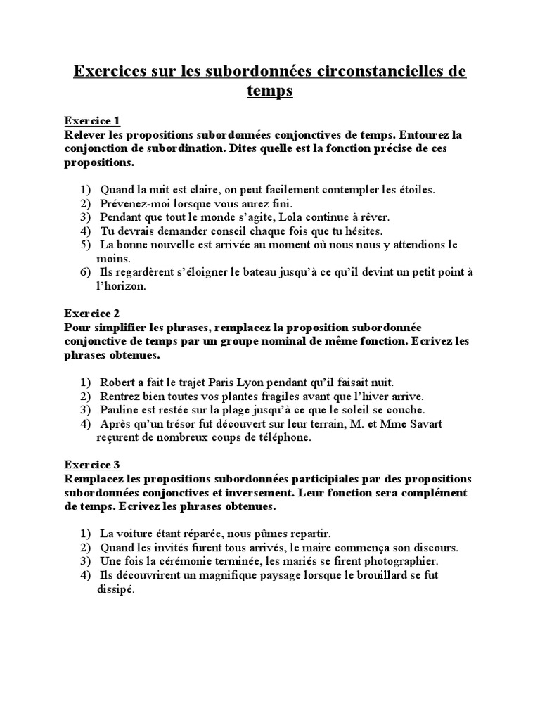 Exercices Sur Les Propositions Subordonnees Exercices Sur Les Subordonnées Circonstancielles de Temps | PDF