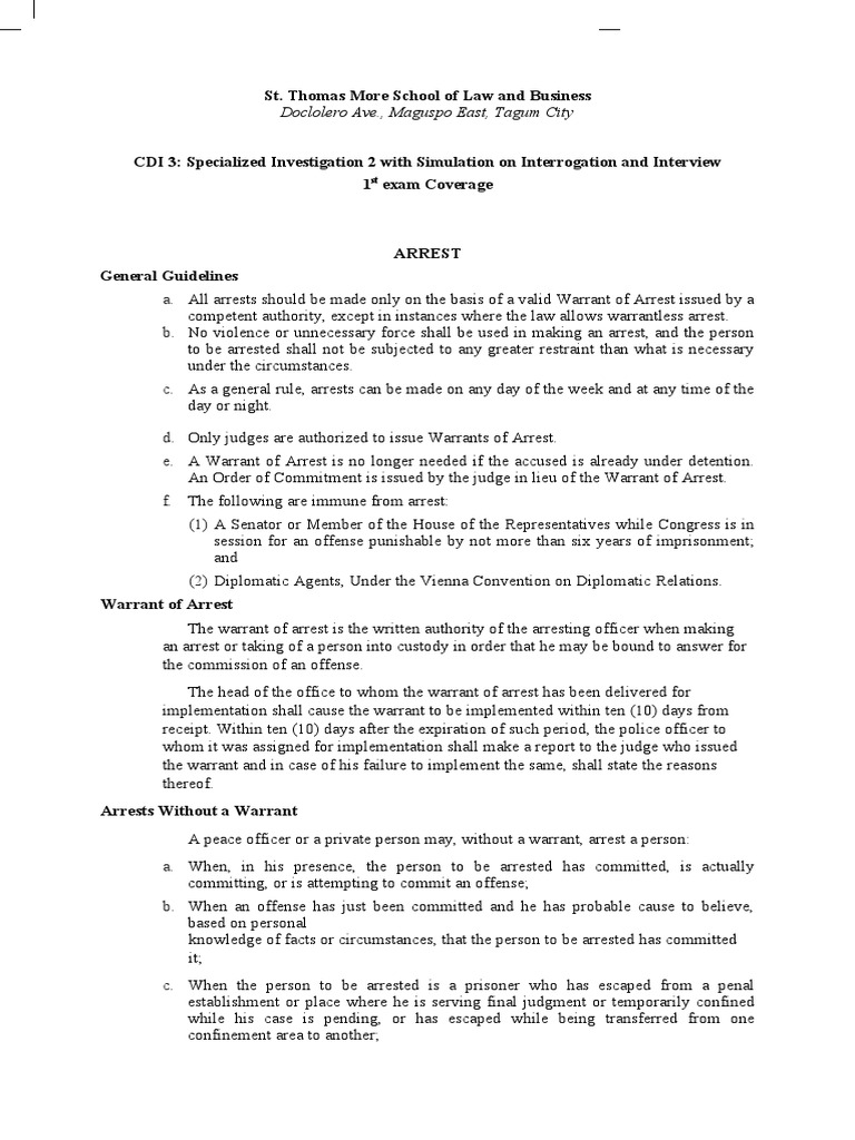 CDI 3, 1st Exam Coverage | PDF | Confession (Law) | Search Warrant
