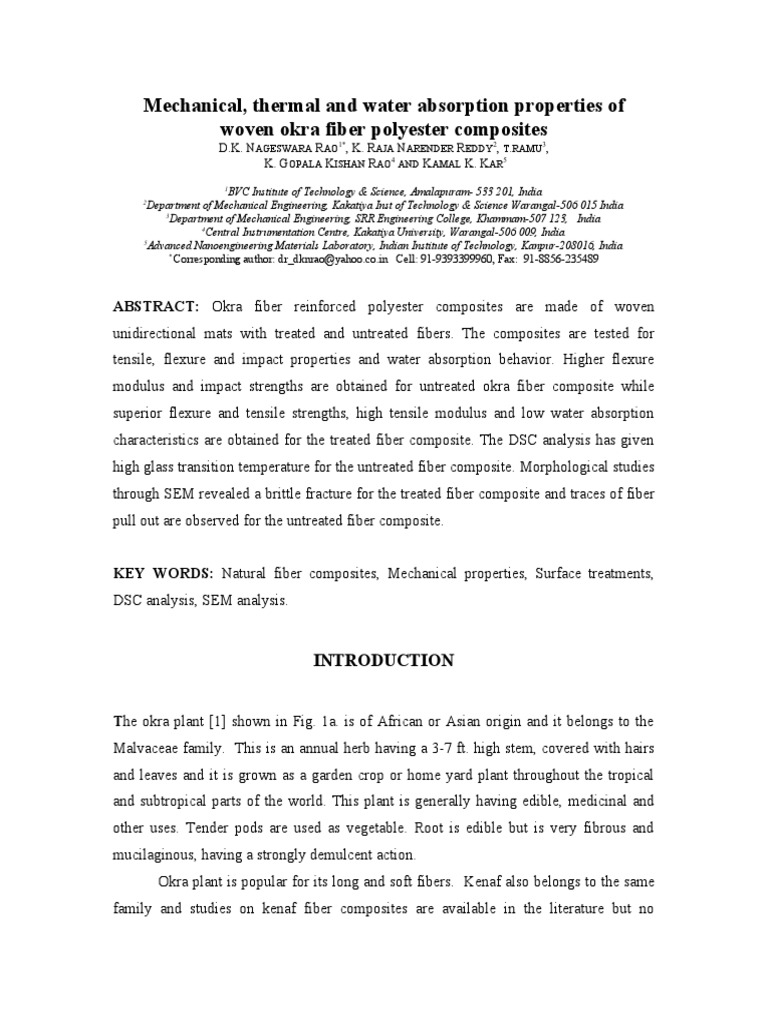 Mechanical, Thermal and Water Absorption Properties of Woven Okra Fiber