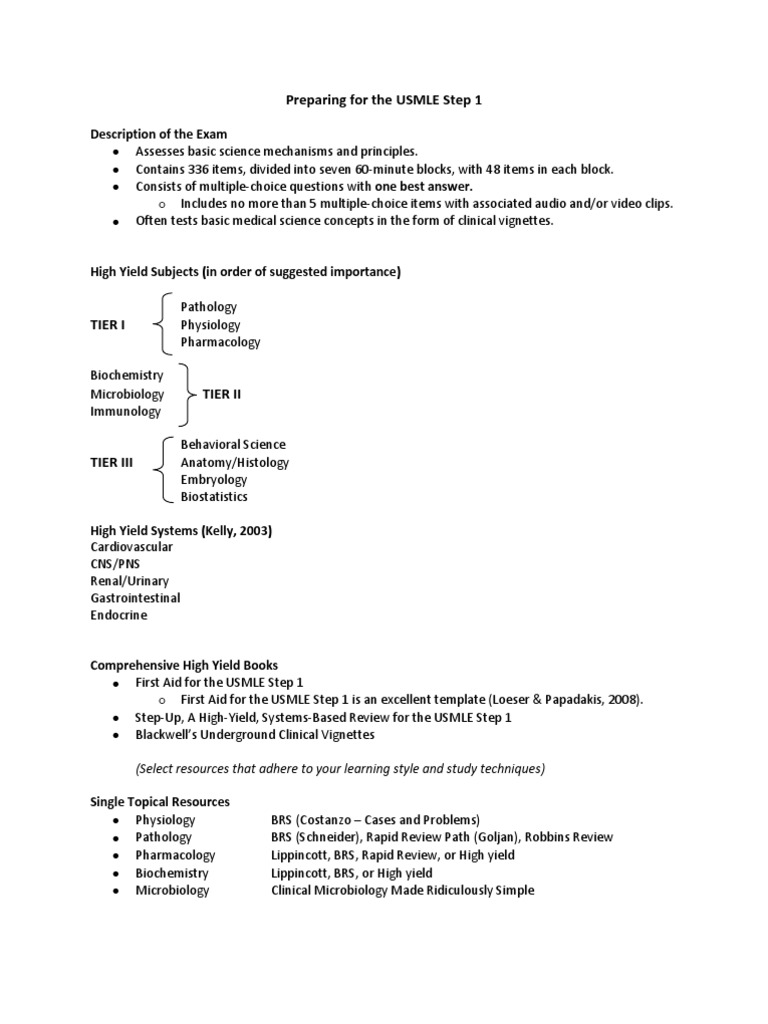 Usmle Step 1 Preparation Suggestions PDF United States Medical