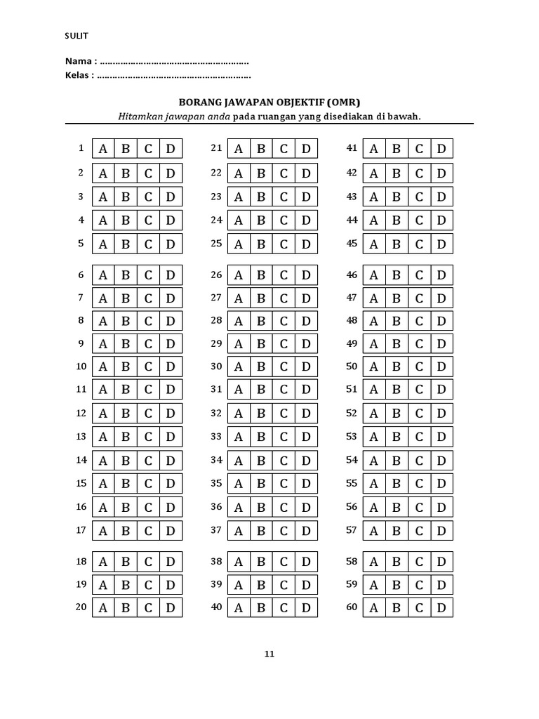 Borang Jawapan Omr 60 Soalan Pdf
