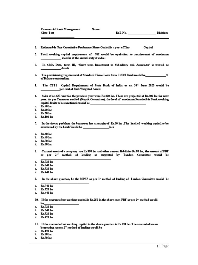 Commercial Bank Management Test Questions | PDF | Loans | Capital ...