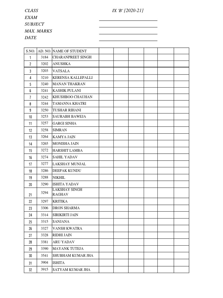 Class IX 'B' Exam Roster | PDF