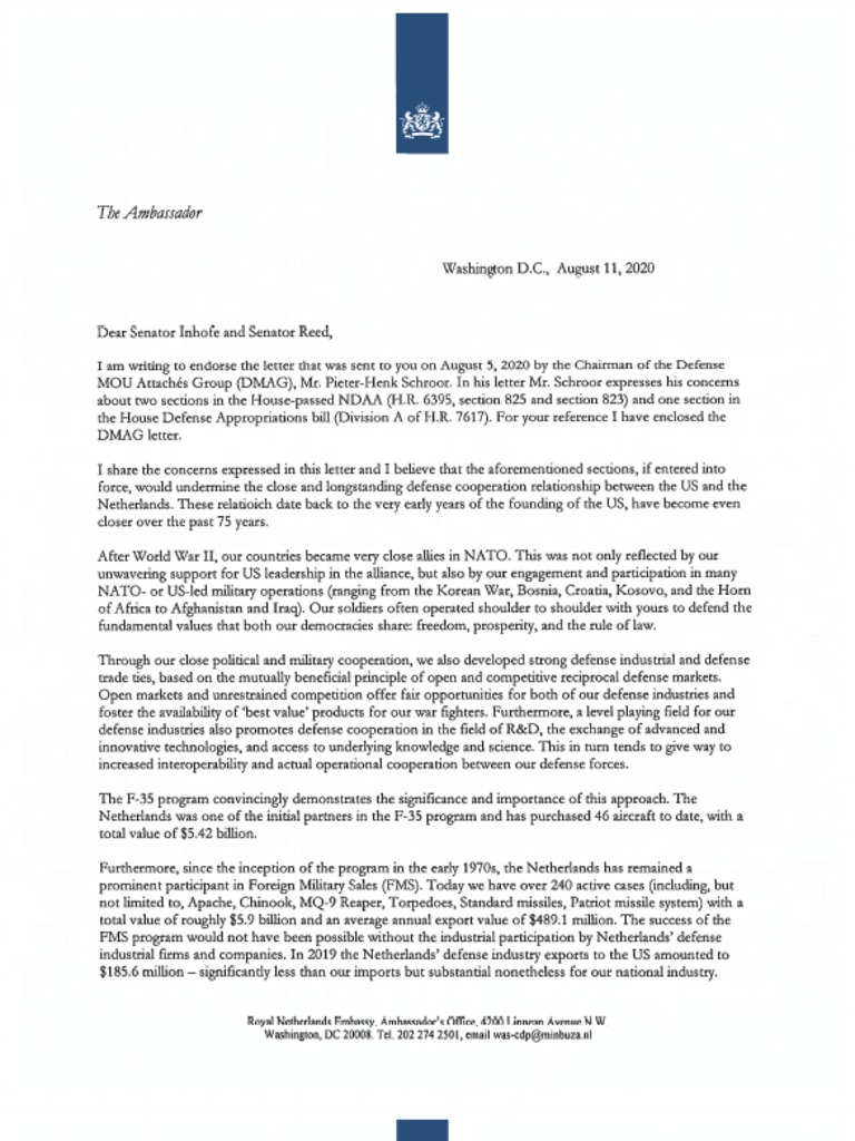 Letter To Senator Inhofe and Senator Reed Incl. Attachement PDF | PDF