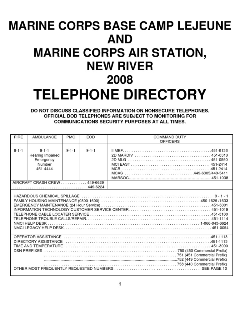 Lejeune Phone Directory Download Free PDF Battalion Regiment