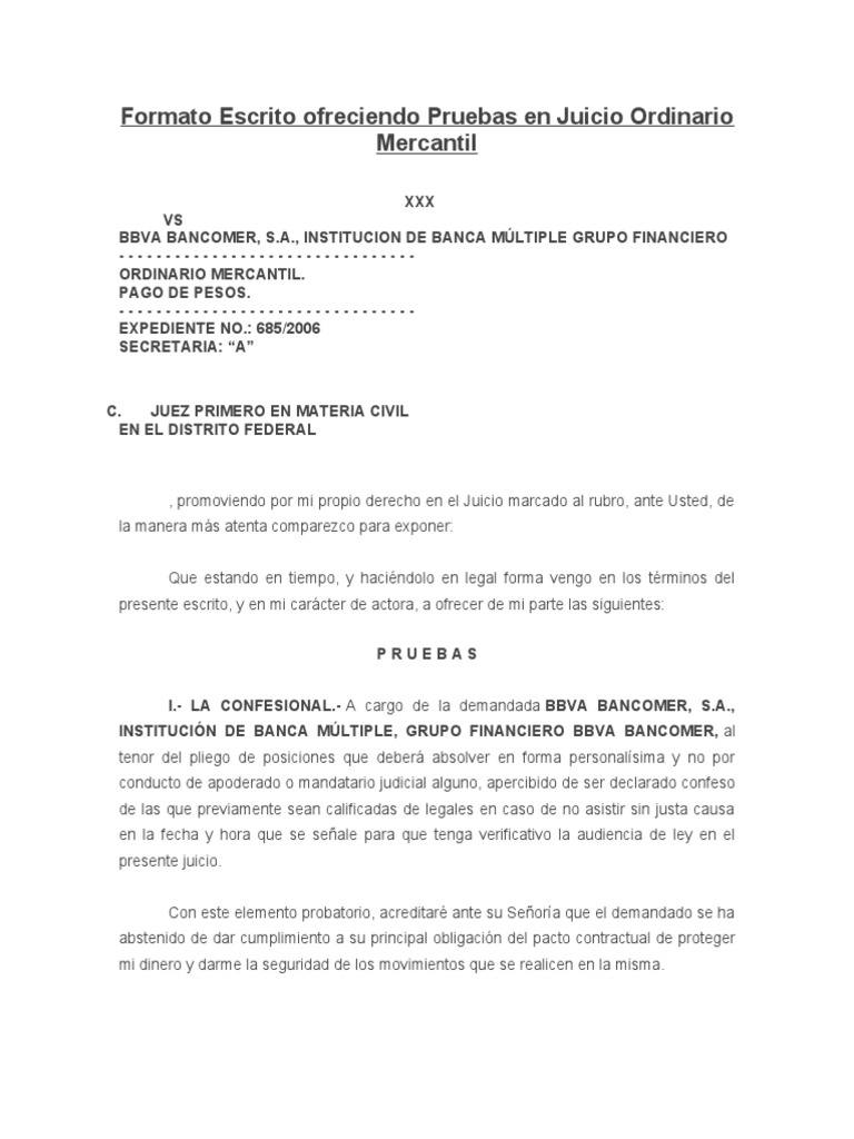 Formato Escrito Ofreciendo Pruebas en Juicio Ordinario Mercantil | PDF |  Bancos | Dinero