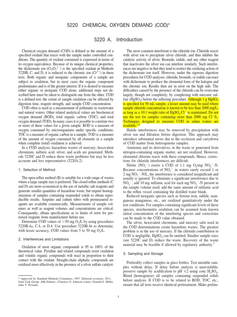 5220 Chemical Oxygen Demand (Cod) : 1. Selection of Method | PDF ...
