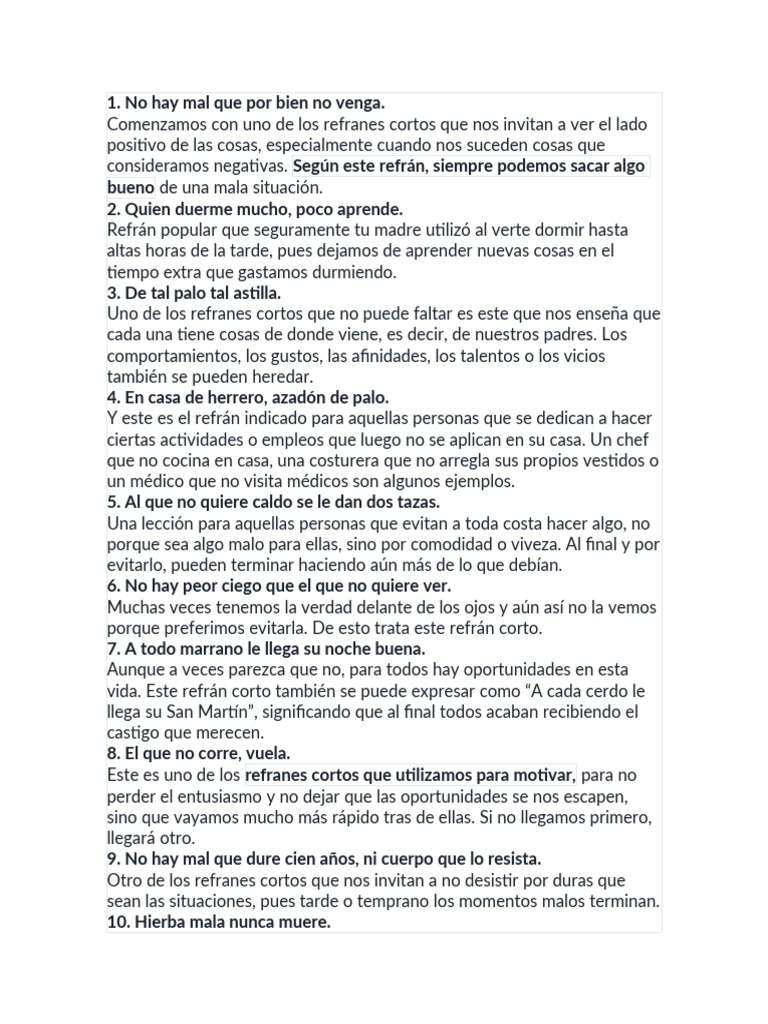 10 Refranes Cortos y Su Significado | PDF