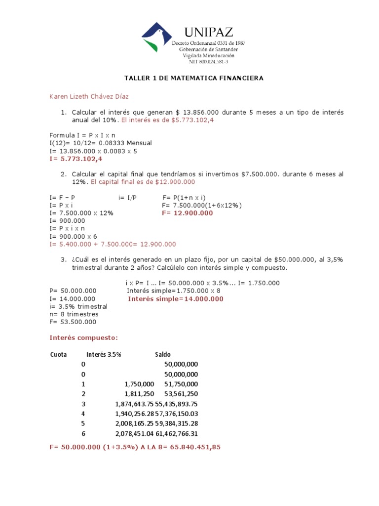Taller 1 Matematica Financiera Terminado | PDF | Alquiler | Interés