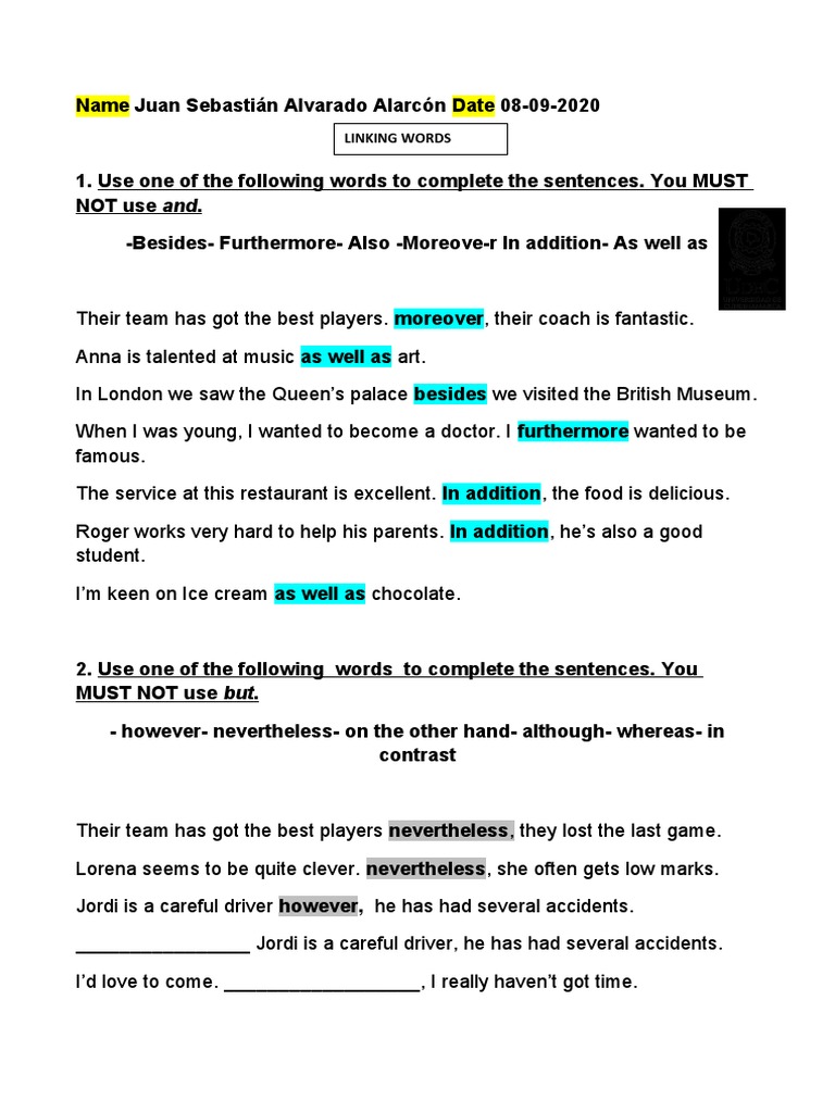Linking Words Exercise for Students | PDF | Language Arts & Discipline ...