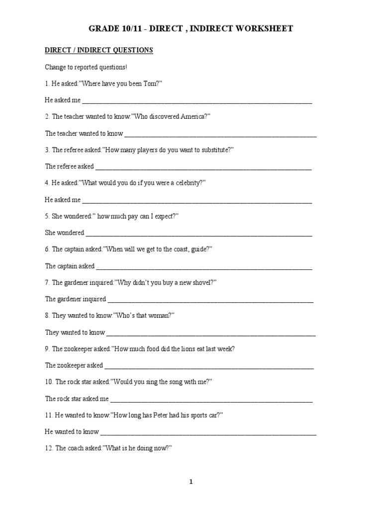Grade 10/11 - Direct, Indirect Worksheet | PDF