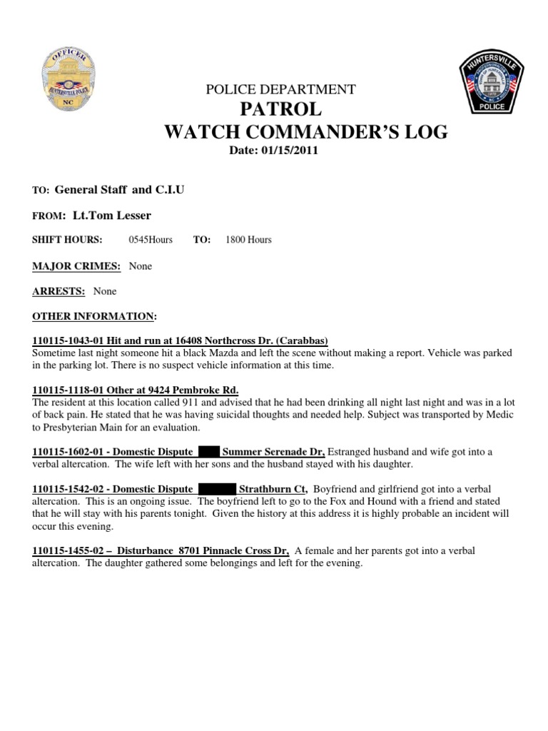 Patrol Watch Commander’s Log Summary | PDF
