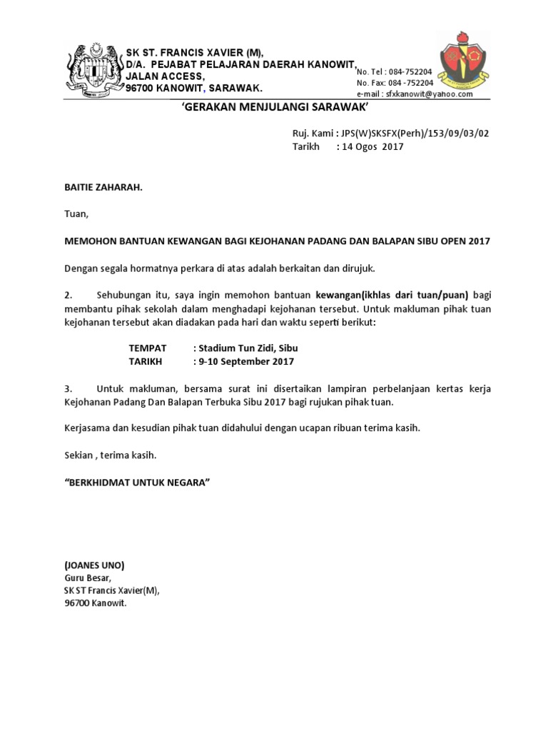Surat Makluman Kejohanan Balapan Dan Padang Untuk Penyertaan Ibubapa