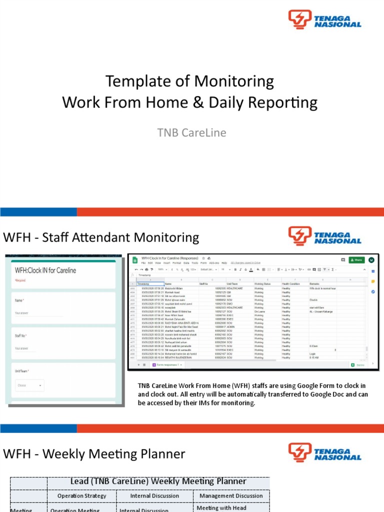 Template of Monitoring Work From Home & Daily Reporting TNB Careline PDF Computing Business