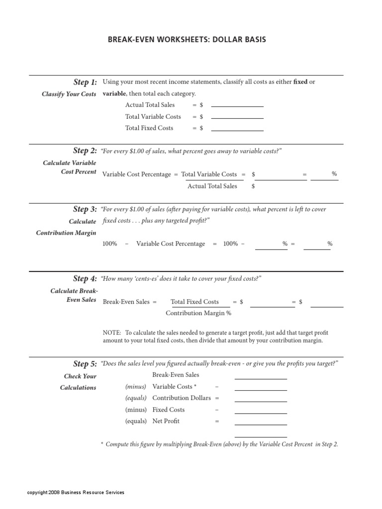 Step 1:: Break-Even Worksheets: Dollar Basis | PDF | Financial ...