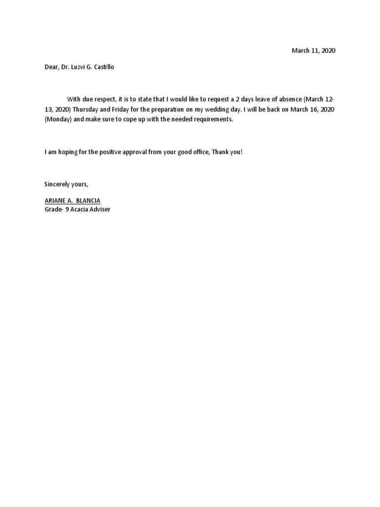 Leave Request for Wedding Preparation | PDF