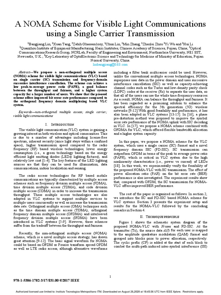 A NOMA Scheme For Visible Light Communications Using A Single Carrier ...