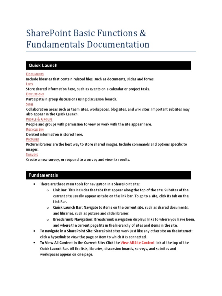 SharePoint Functions and Navigation Guide | PDF | Software | Hyperlink
