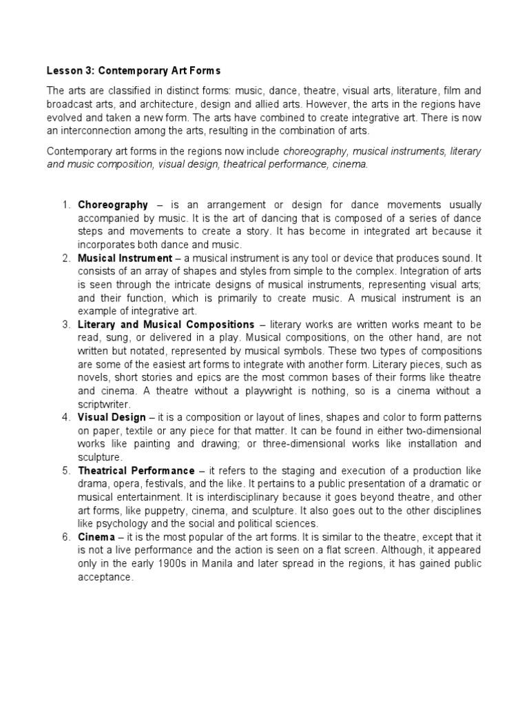 Lesson 3 Contemporary Art Forms. PDF Dances Musical Compositions