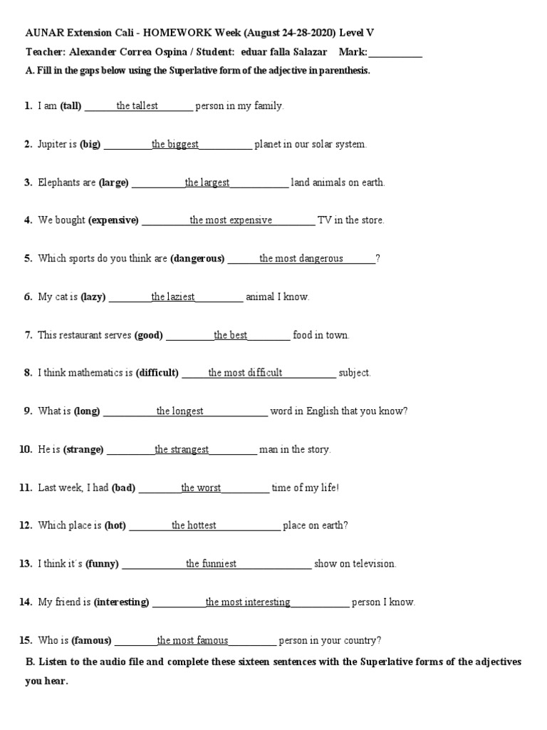 A. Fill in The Gaps Below Using The Superlative Form of The Adjective ...