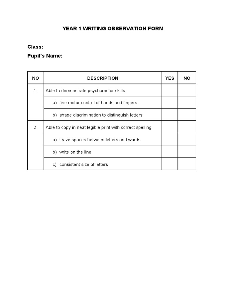 Year 1 Writing Observation Form PDF
