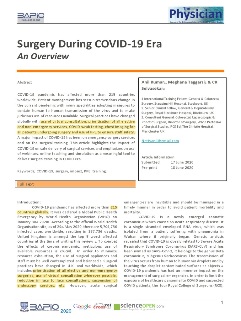 Surgery In Covid19 2 Pdf Surgery Medical Specialties