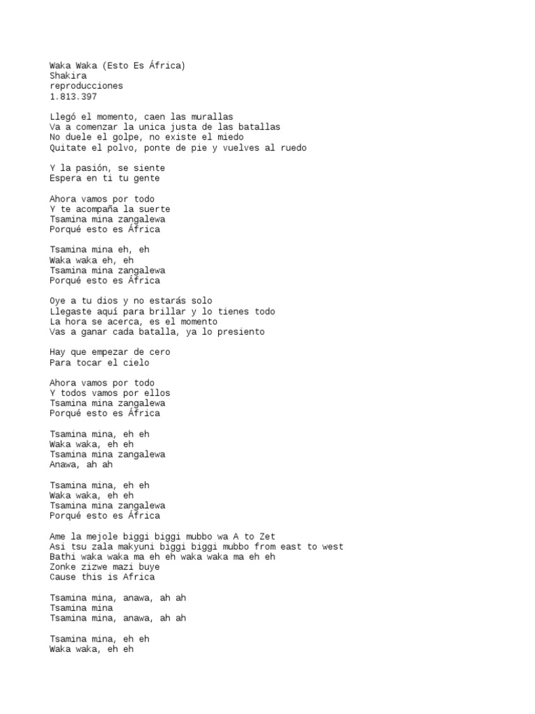 Waka Waka (Esto Es Africa) - Shakira Lyrics | PDF