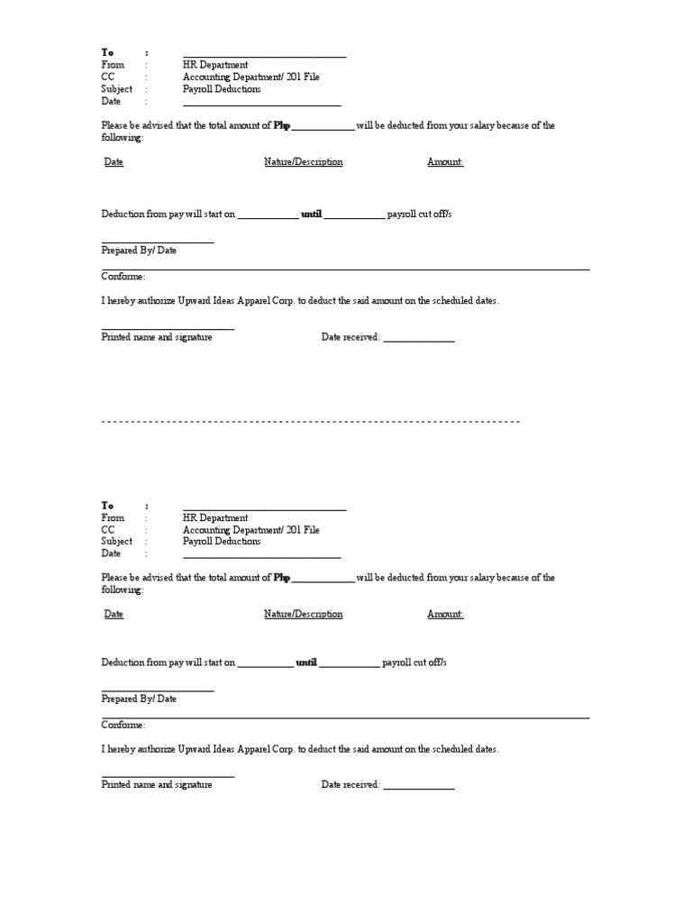 Authority To Deduct Template PDF