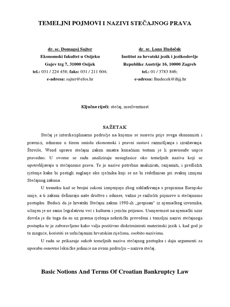 430868.temeljni Pojmovi I Nazivi Stecajnog Prava | PDF
