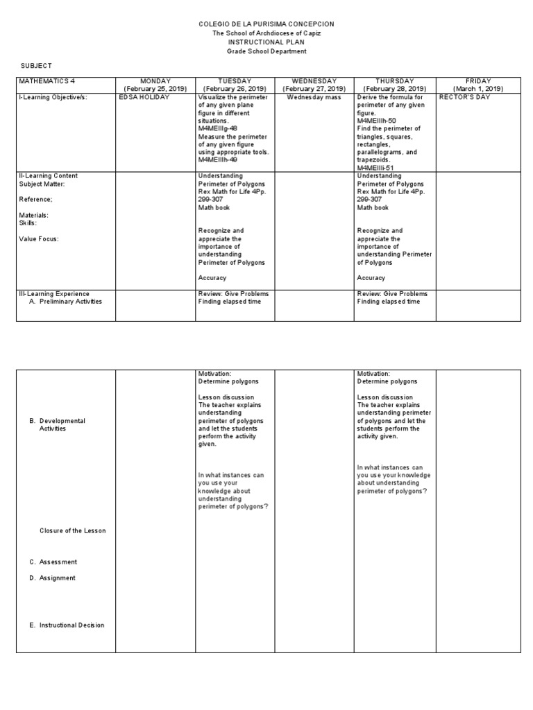 Mathematics Instructional Plans for Grades 46 at Colegio de la