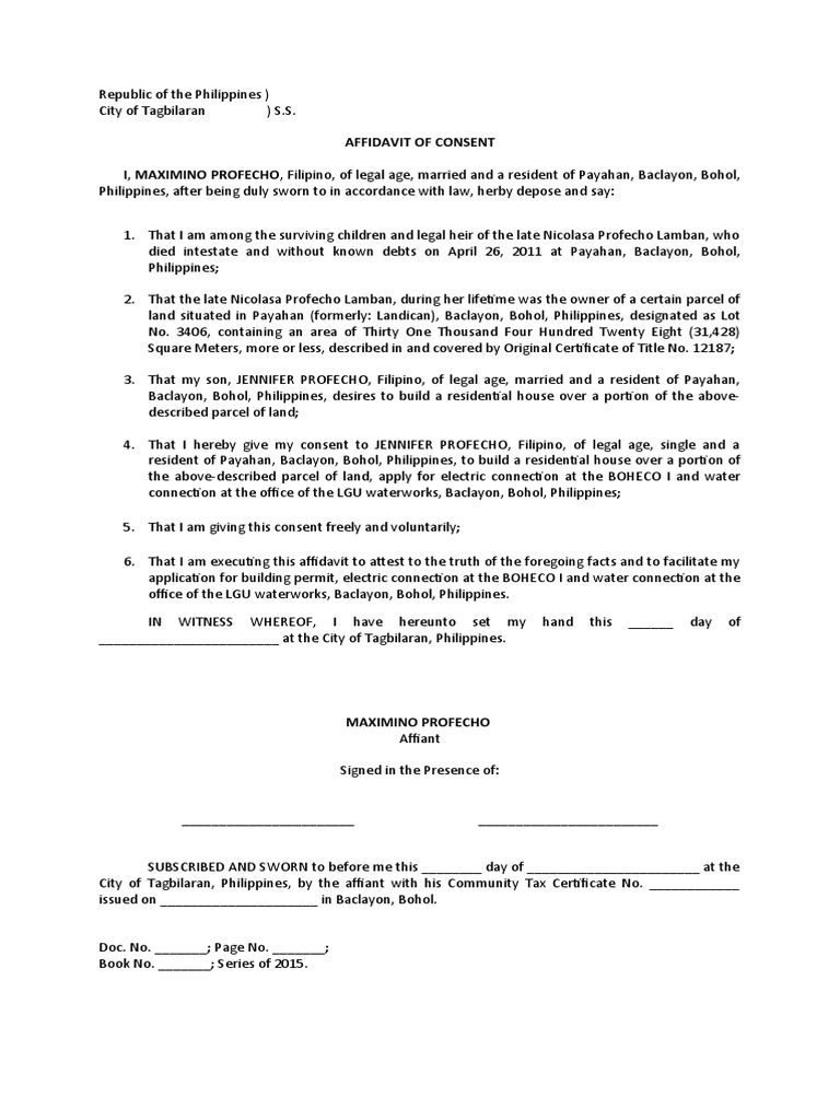 Affidavit of Consent | PDF | Affidavit | Philippines
