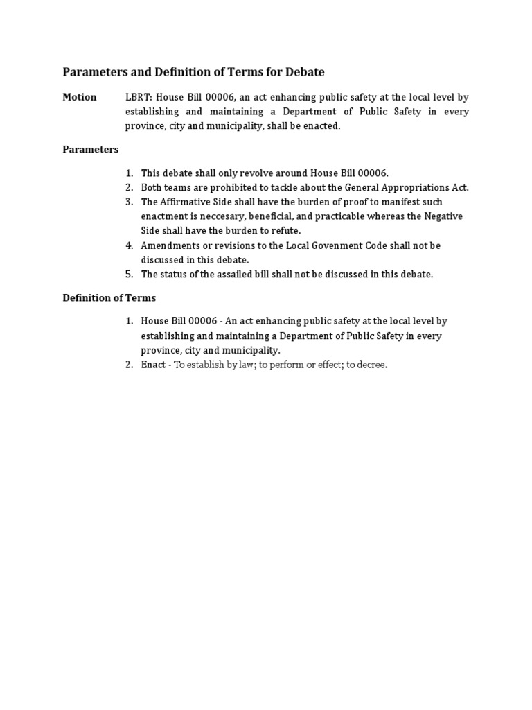 Parameters and Definition of Terms For Debate Motion PDF