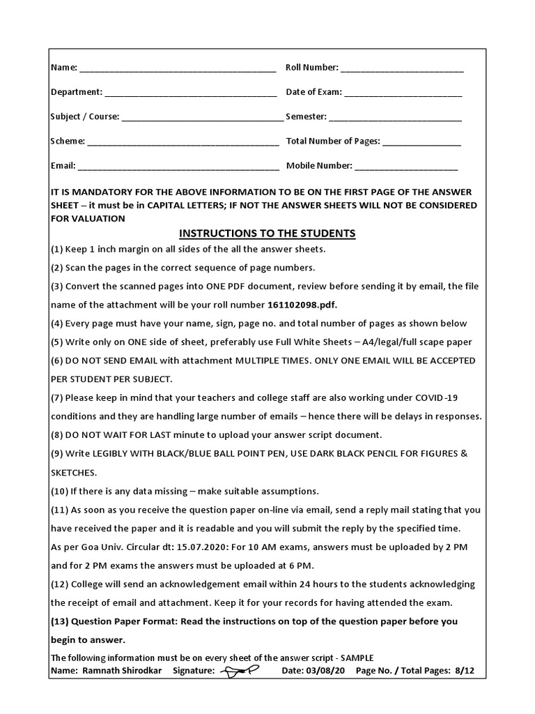 Instructions To The Students: Name: Ramnath Shirodkar Signature: Date ...