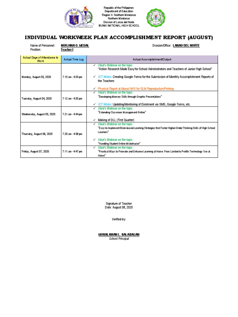 August Accomplishment Report for Teacher I | PDF | Educational ...