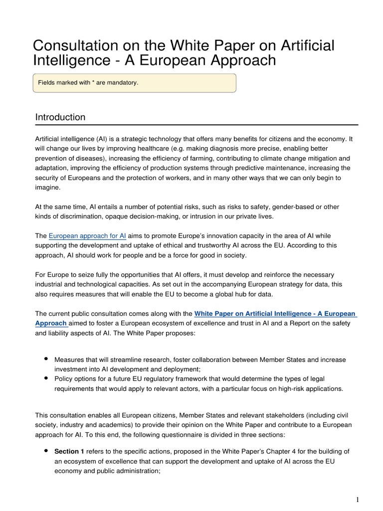 Consultation On The White Paper On Artificial Intelligence A European